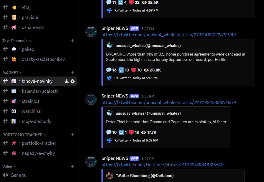 Ukážka kanála trhové-novinky na Discord serveri Trhoví Snajperi